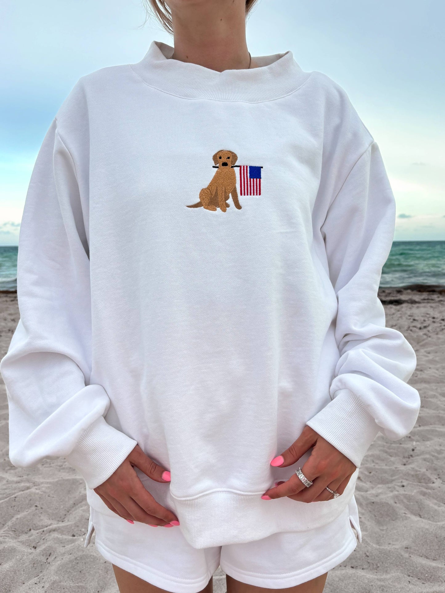 White American Flag Dog Mockneck Sweatshirt: White