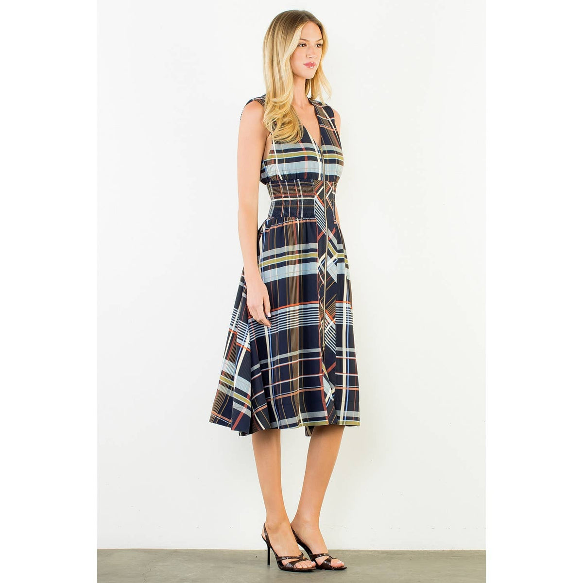 Plaid Sleeveless Midi Dress With Zipper Front: NAVY