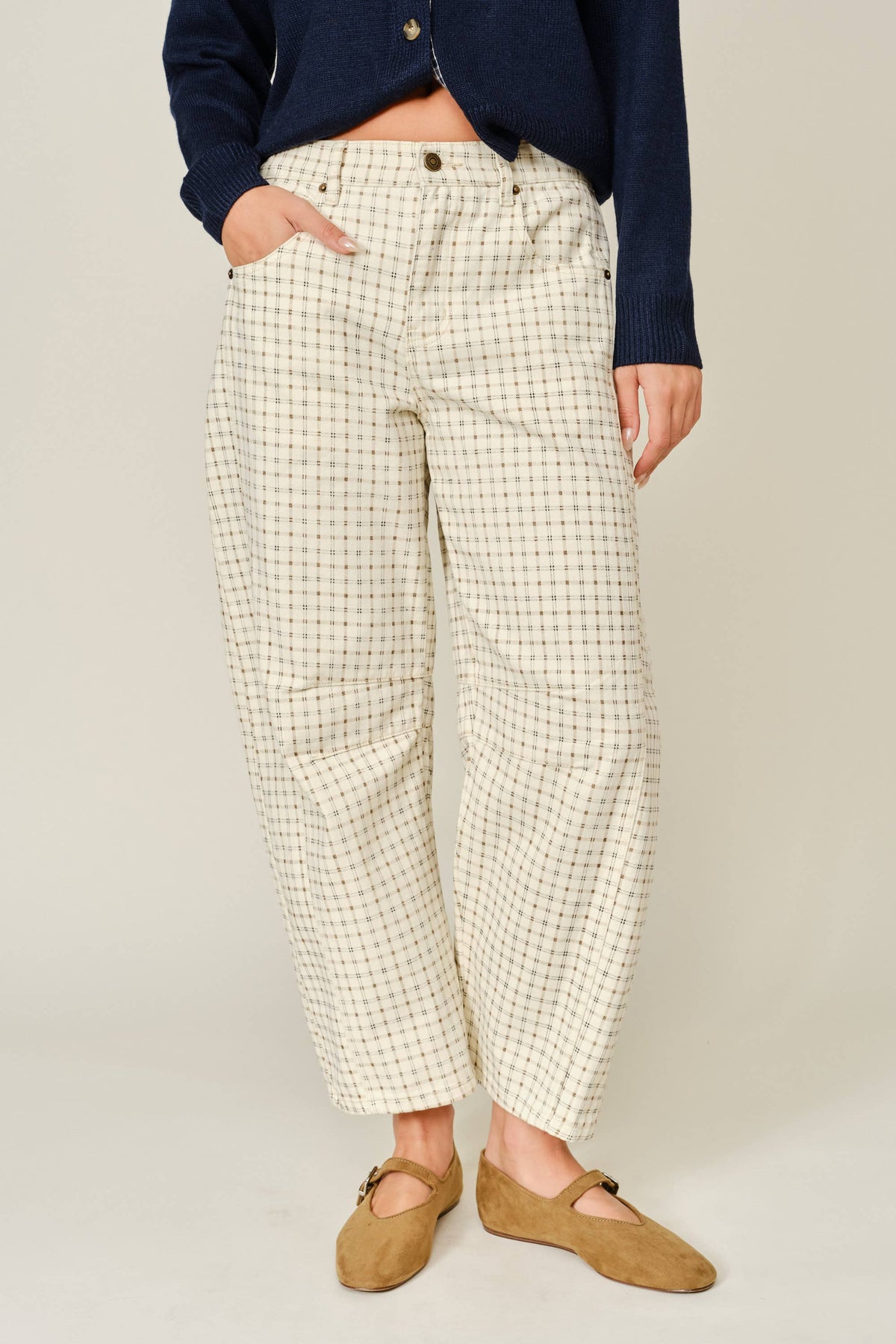 OXFORD PLAID BARREL PANTS BEIGE PLAID
