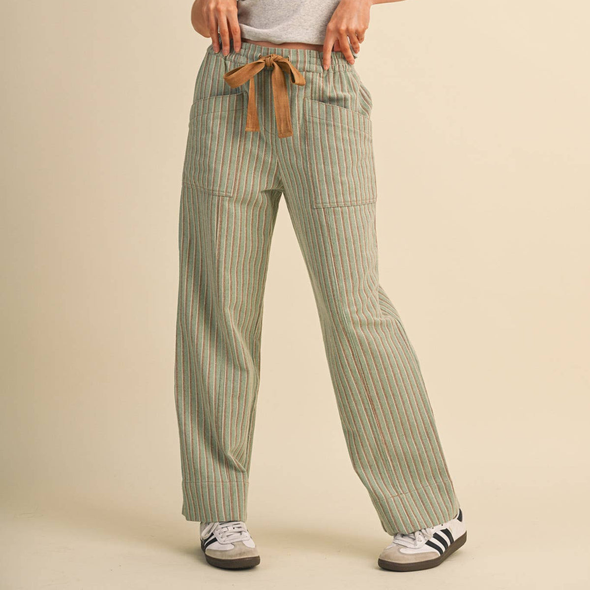 Striped Wide Leg Drawstring Pants- Sage