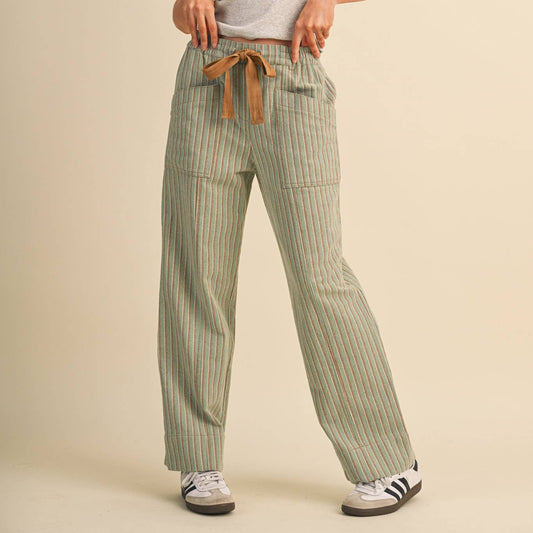 Striped Wide Leg Drawstring Pants- Sage