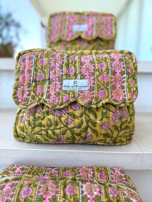 Large Block Printed Travel Bags Mustard Floral