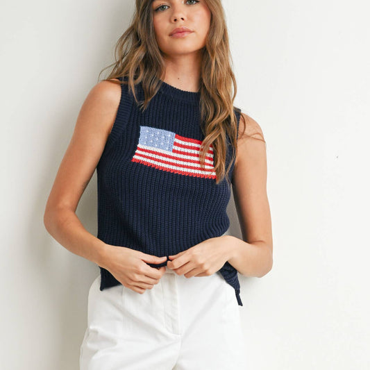 Flag Print Knitted Sleeveless Sweater - Navy