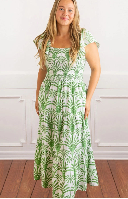 Green Deco Palm Smocked Flutter Sleeve Top & Skirt Set