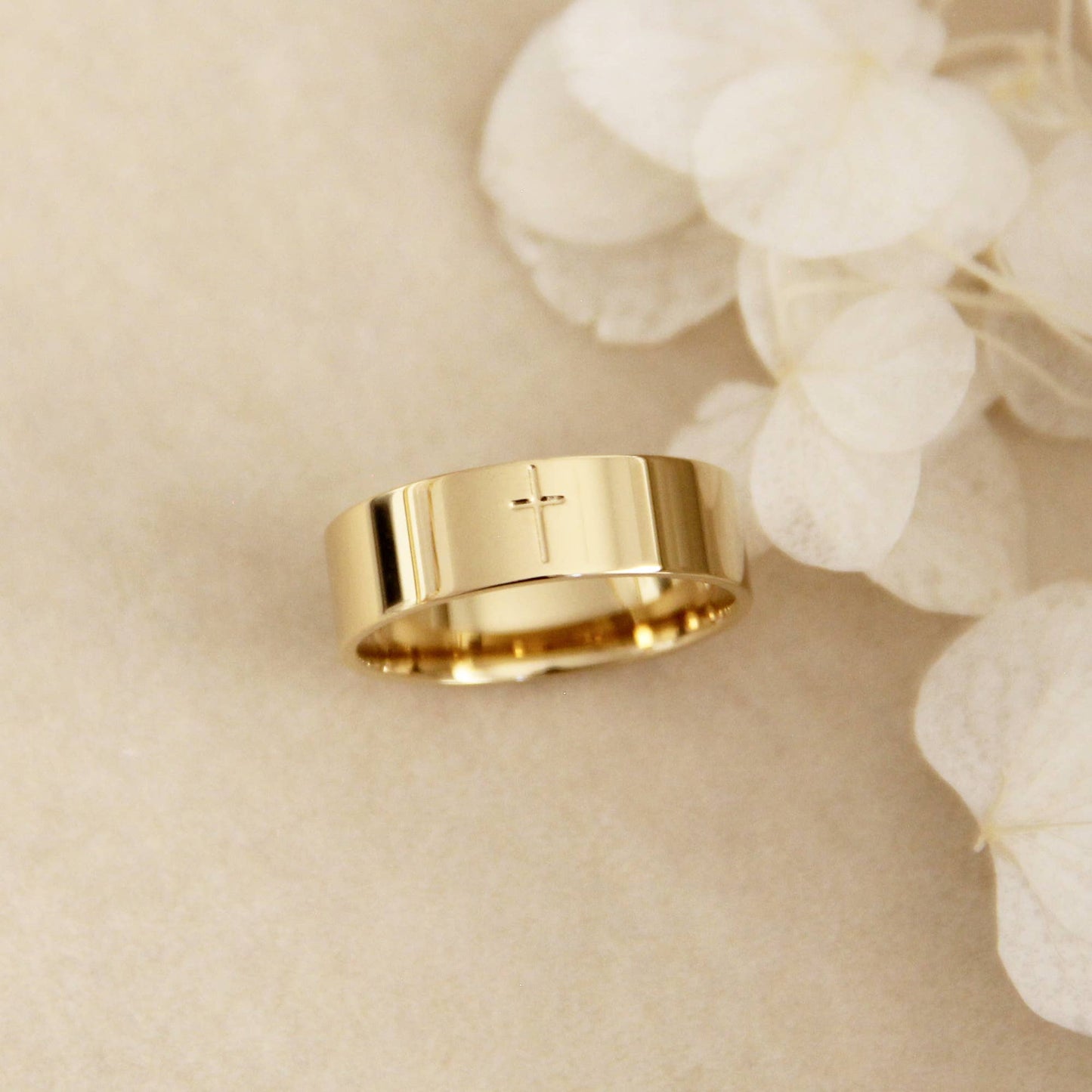 Cross 6mm Band Ring, Wide Cross Ring, Christian Jewelry: Yellow Gold