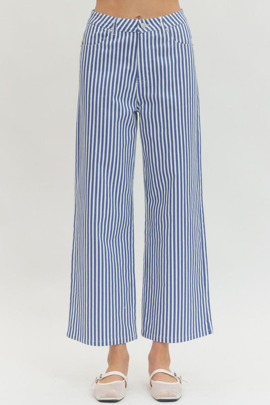 Striped Wide Leg Pants-Blue