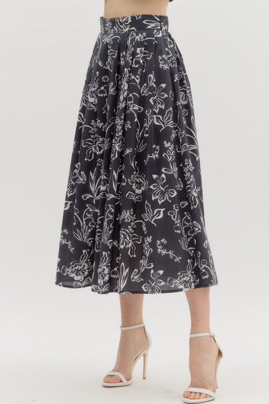 Floral Print Pleasted Midi Skirt Black