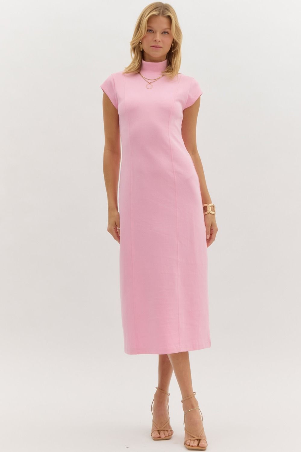 Solid cap sleeved sheath midi dress