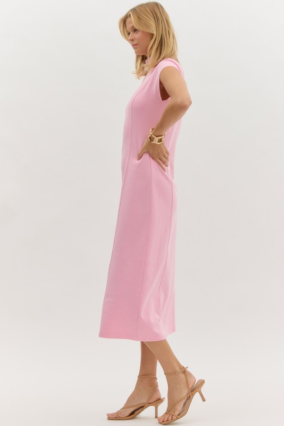 Solid cap sleeved sheath midi dress