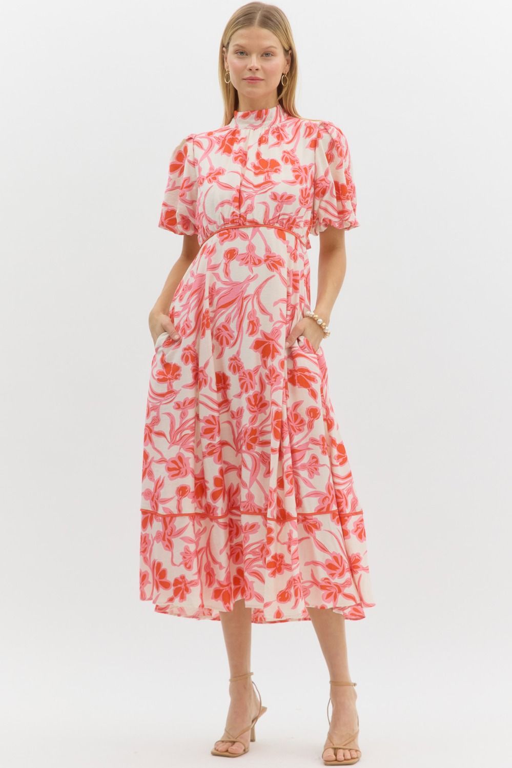 Floral print short bubble sleeve pullover tiered midi dress