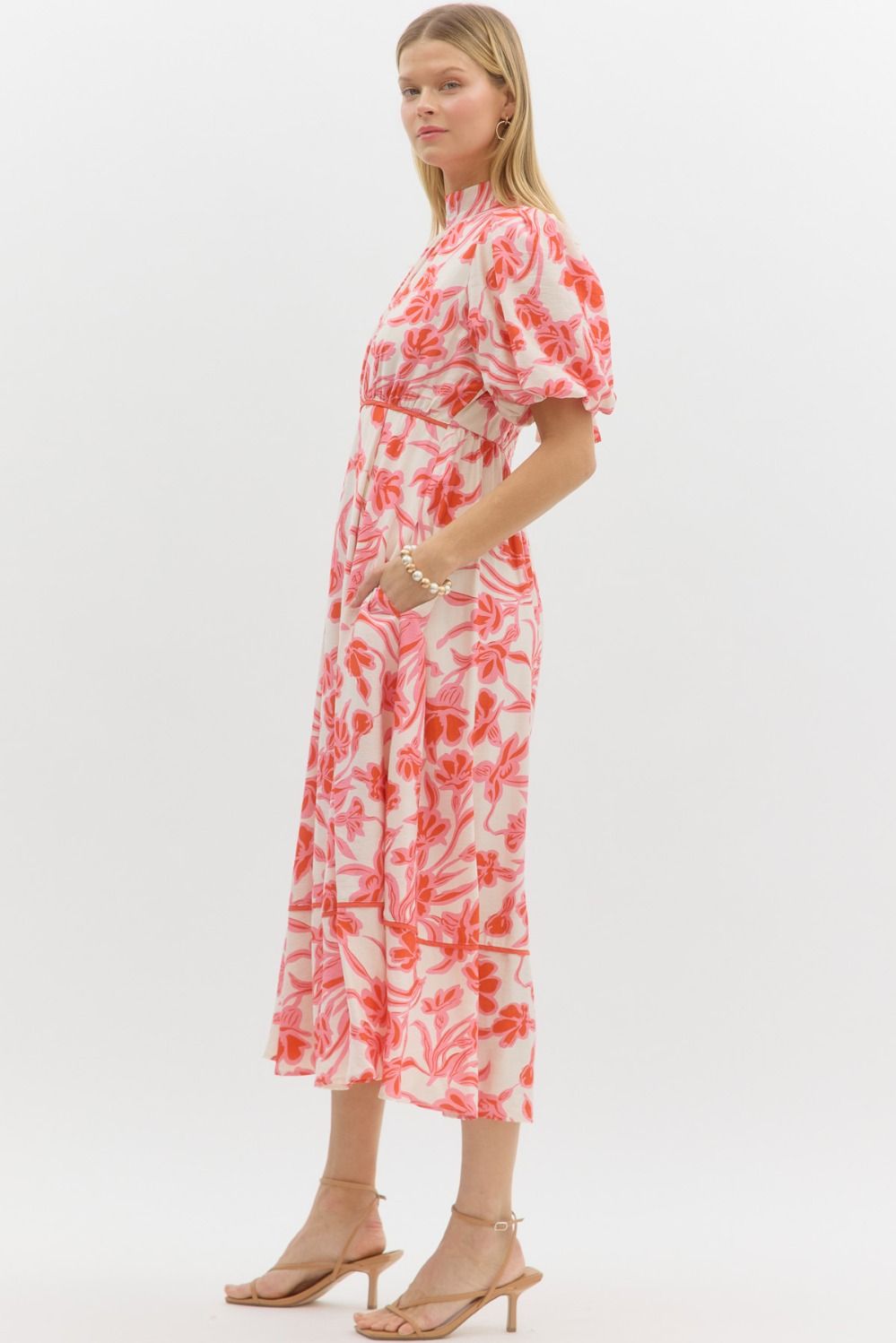 Floral print short bubble sleeve pullover tiered midi dress