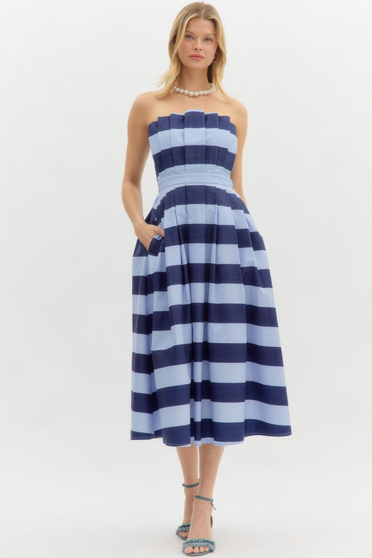 Striped Print Pleated Midi Dress