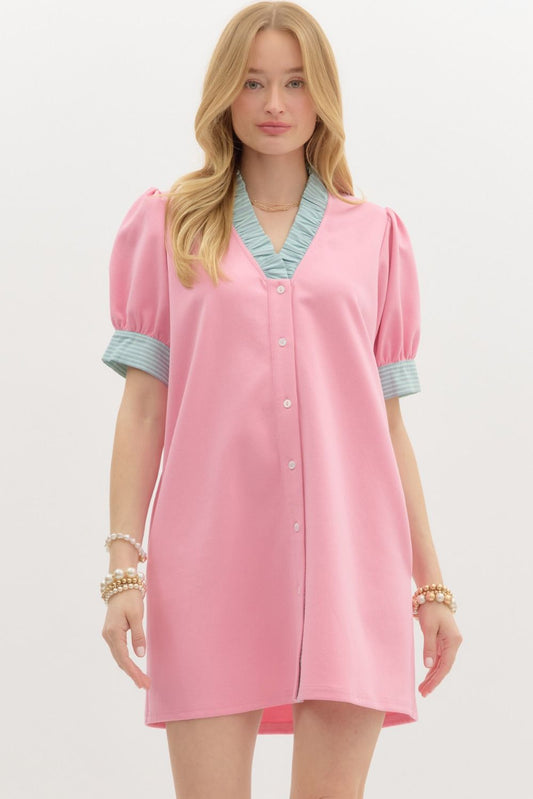 Ruffled Neck Puff Sleeve Mini Dress