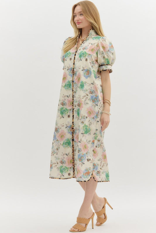 Floral Print Dress w Leopard Trim