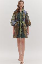 Botanical Print Long Sleeve Mini Dress