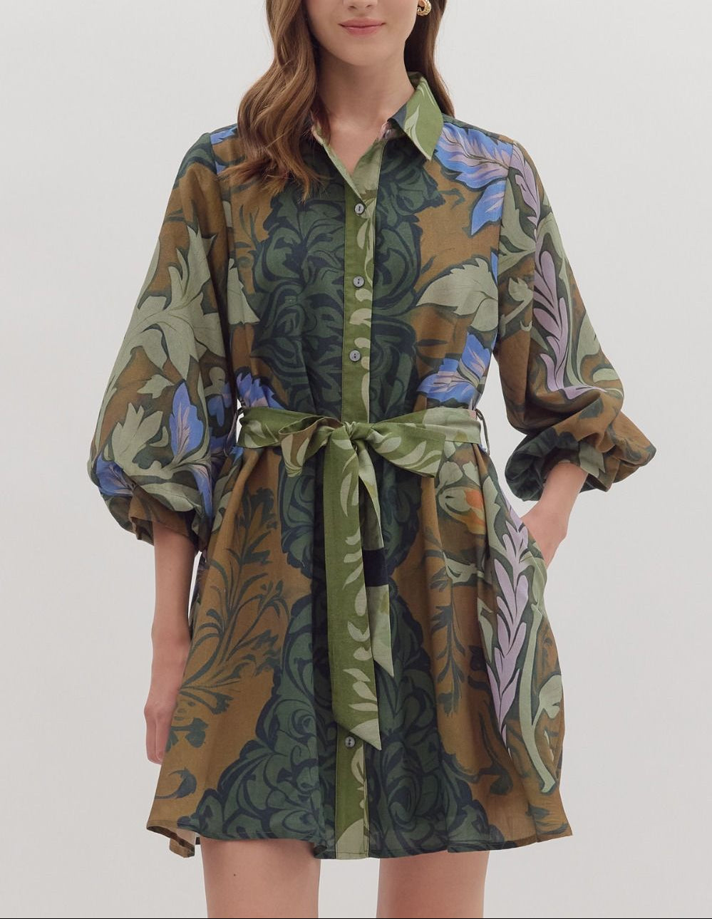 Botanical Print Long Sleeve Mini Dress