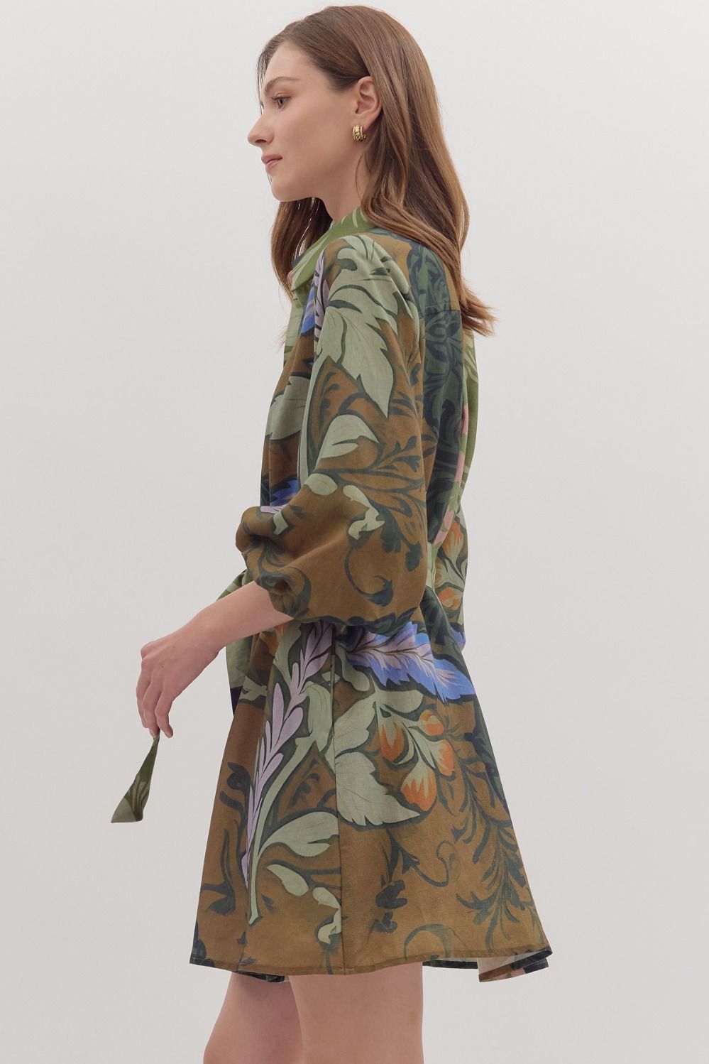 Botanical Print Long Sleeve Mini Dress