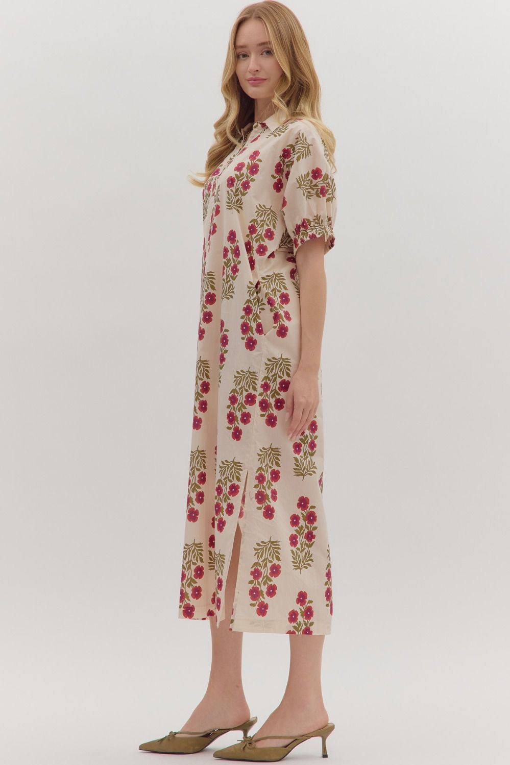 Botanical Puff Sleeve Midi Dress