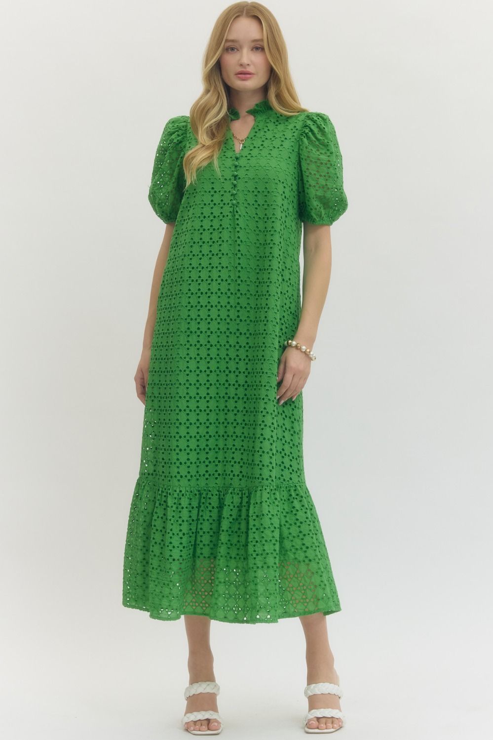 Eyelet Short Puff Sleeve Midi Dress Green