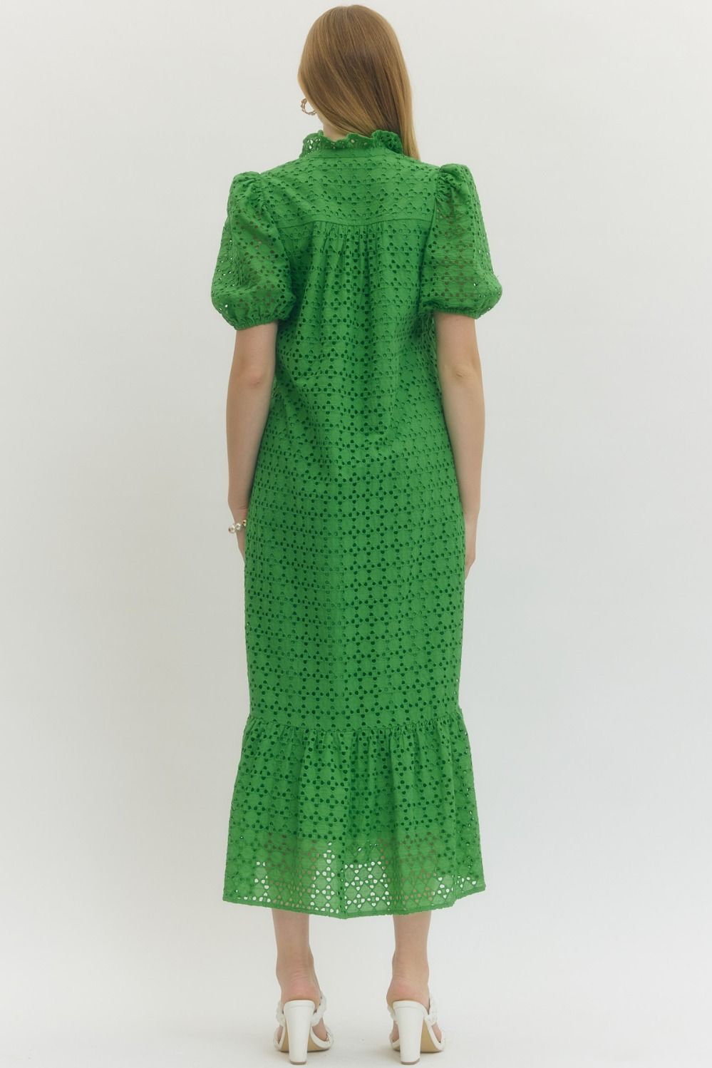 Eyelet Short Puff Sleeve Midi Dress Green