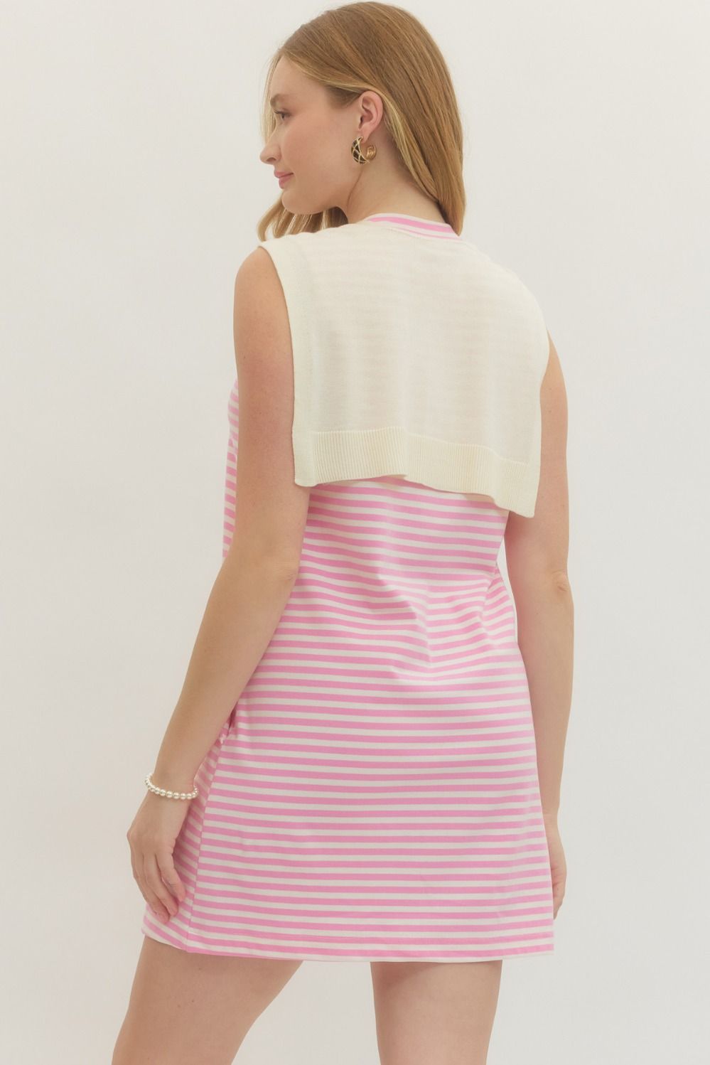 Striped Mini  Dress With Attached Scarf Pink