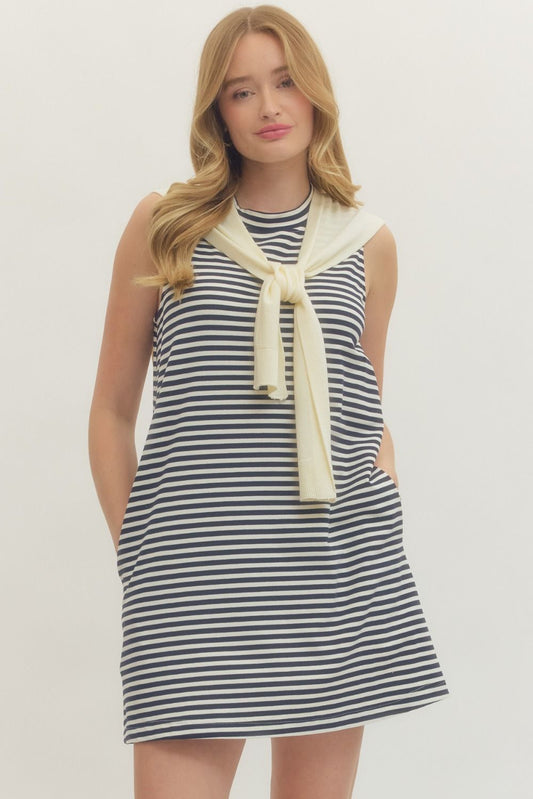 Striped Mini  Dress With Attached Scarf Navy