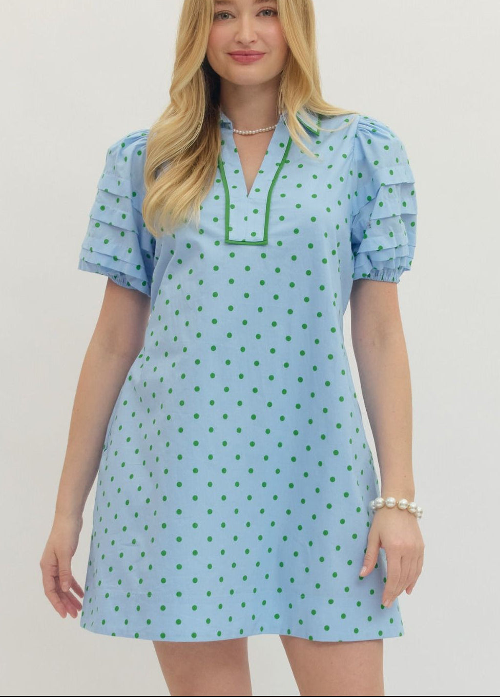 Polka Dot Short Puff Sleeve Mini Dress Blue