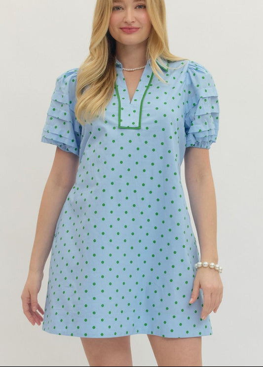 Polka Dot Short Puff Sleeve Mini Dress Blue