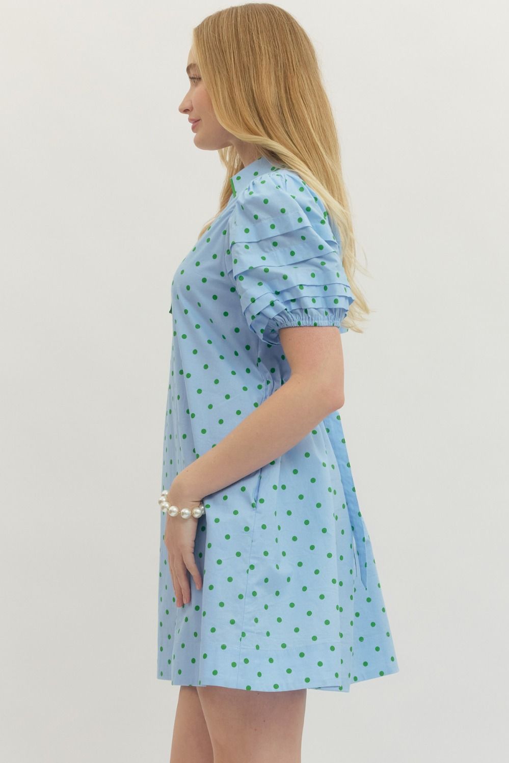 Polka Dot Short Puff Sleeve Mini Dress Blue