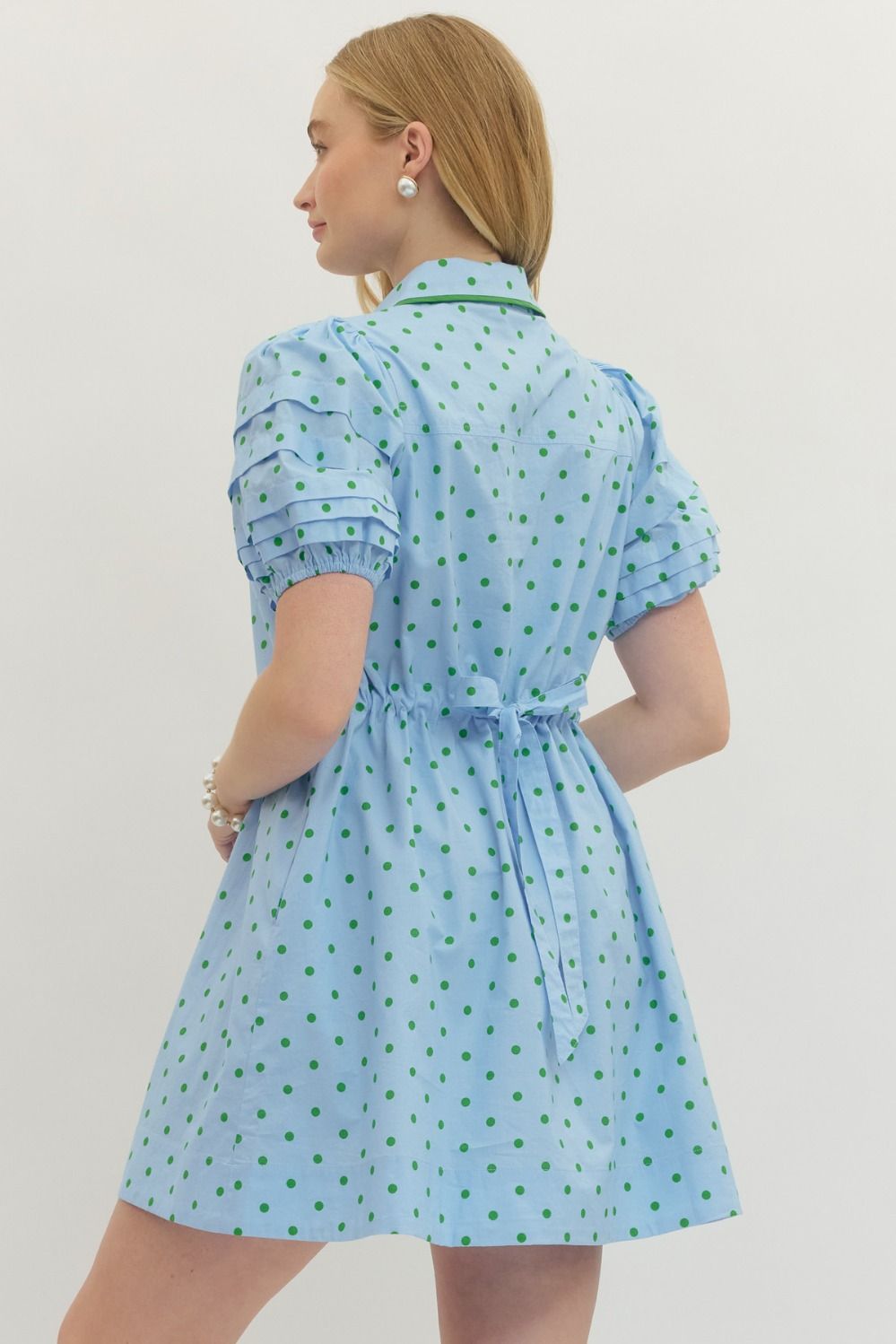 Polka Dot Short Puff Sleeve Mini Dress Blue