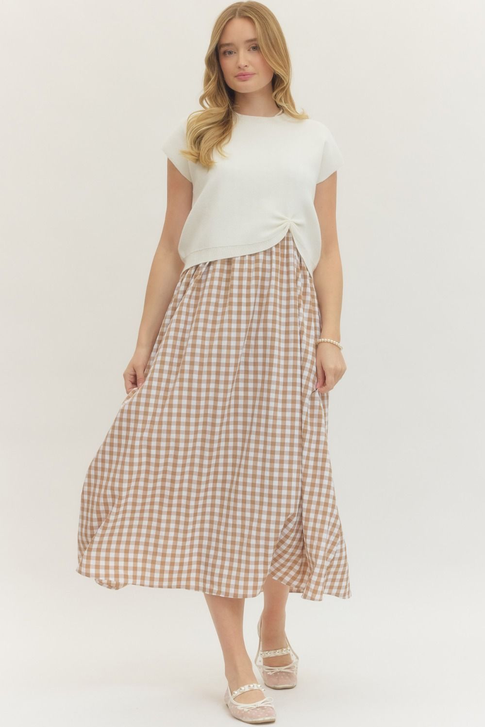 Khaki Checked Dress and Sweater