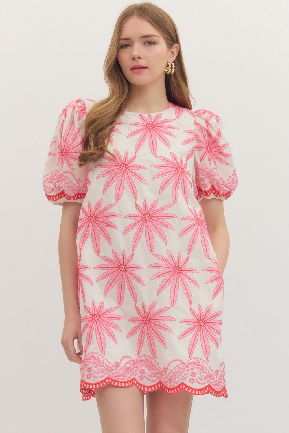 Embroidered Floral Short Puff Sleeve Mini Dress