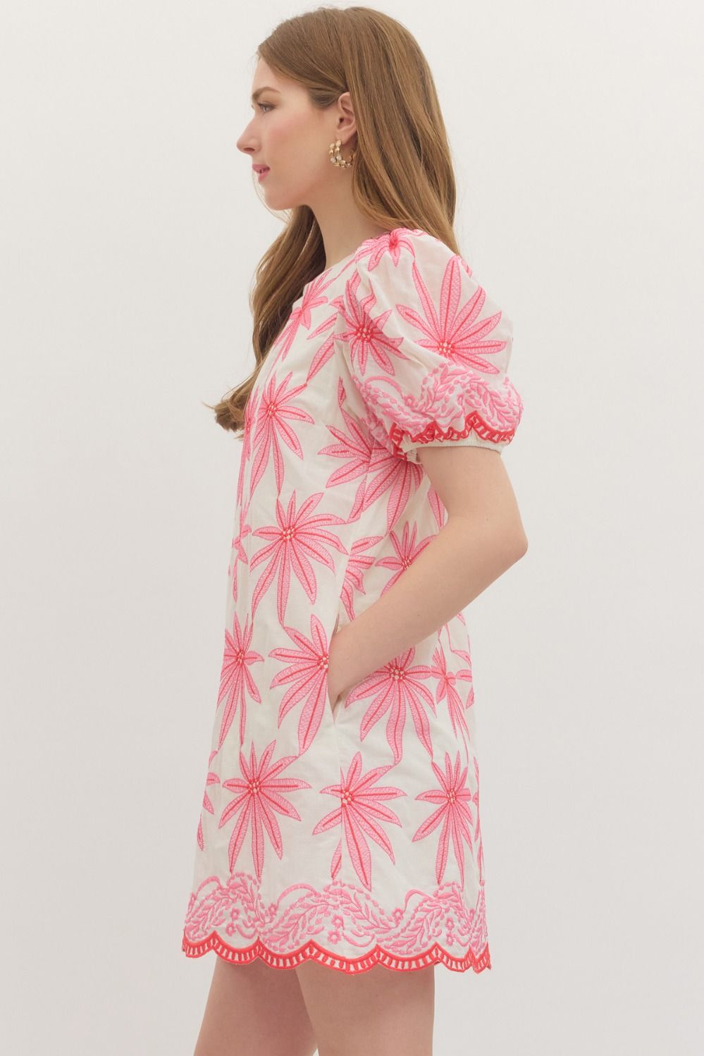 Embroidered Floral Short Puff Sleeve Mini Dress