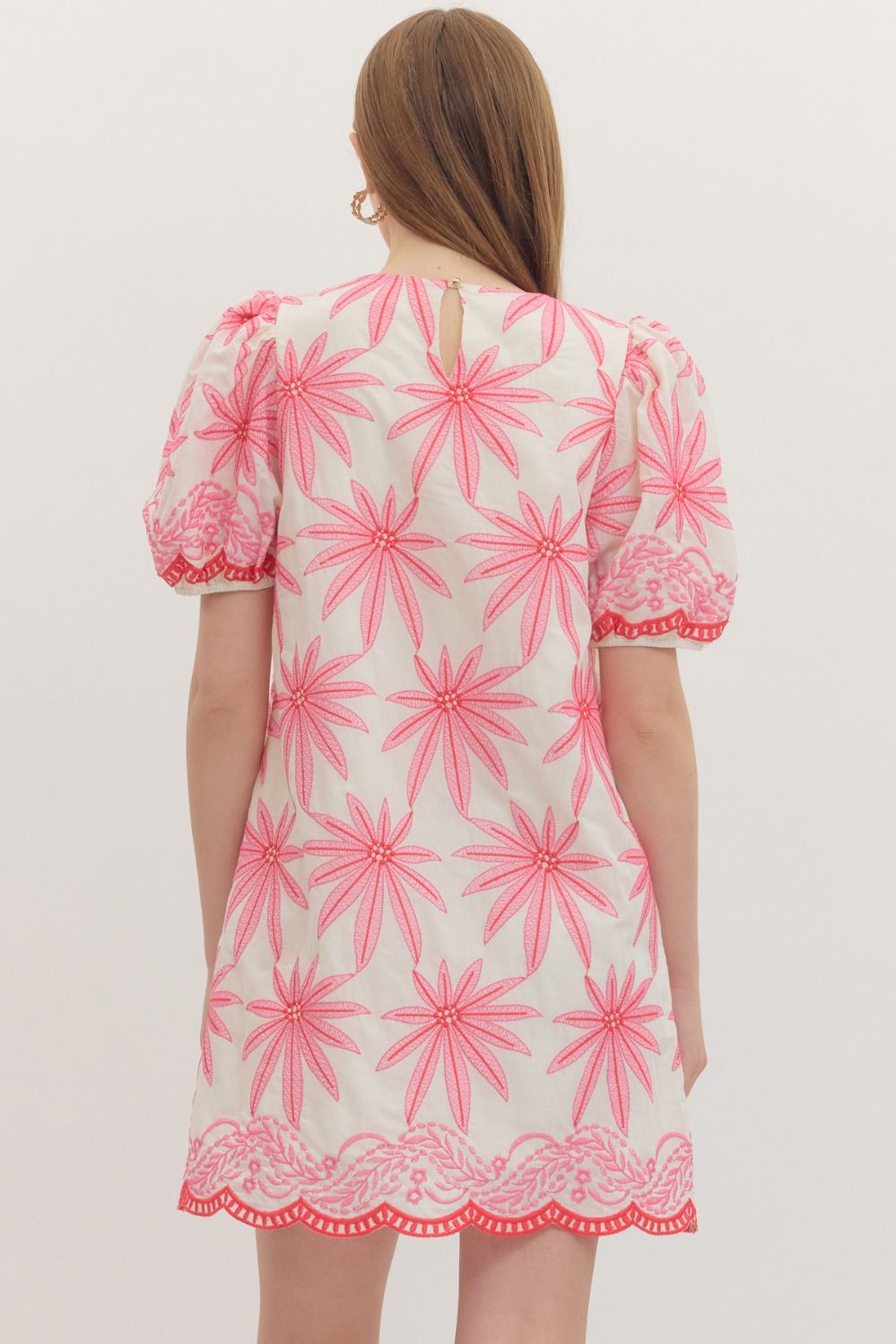 Embroidered Floral Short Puff Sleeve Mini Dress