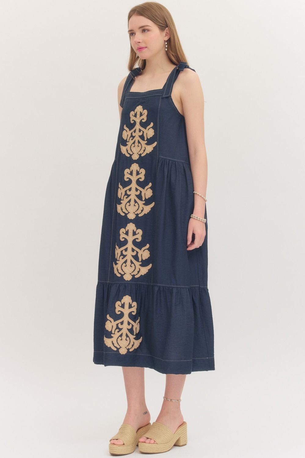 Sleeveless Midi Dress - Navy/Gold