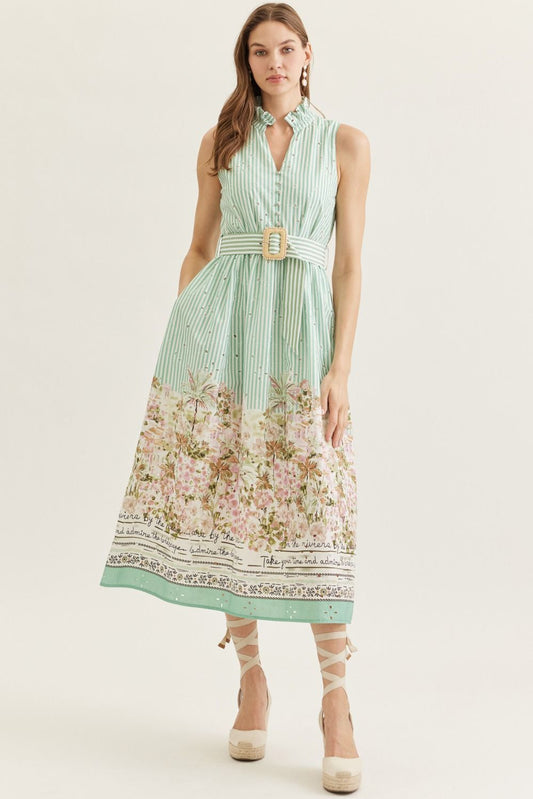 Striped Floral Print Sleeveless Midi w/ Border Print