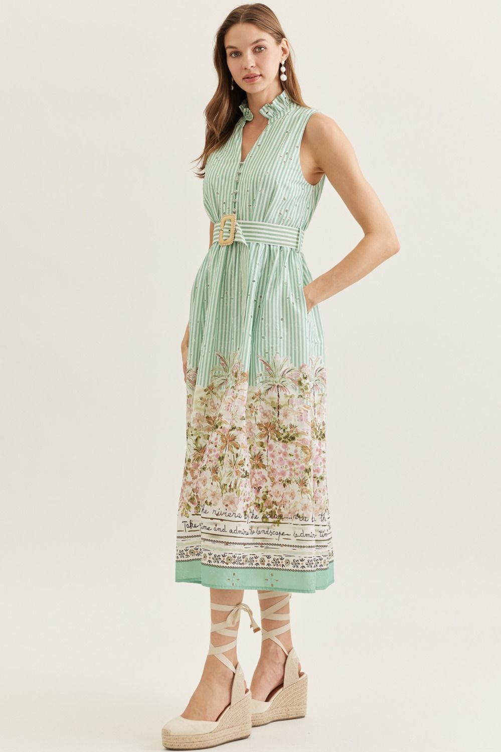 Striped Floral Print Sleeveless Midi w/ Border Print