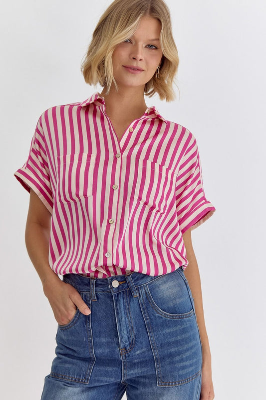 Striped Collared Button Up- Pink