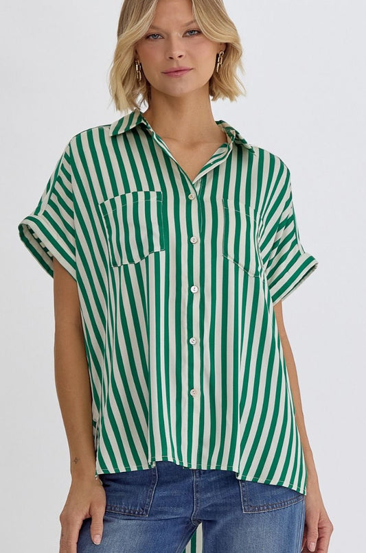 Striped Collared Button Up- Green