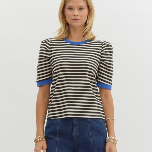 Blue Trimmed Black/White Top