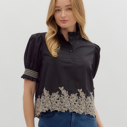 High neck Shirt with Woven Hem - Black/Cream