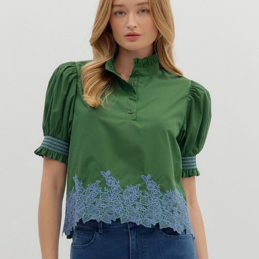 High neck Shirt with Woven Hem - Green/Blue