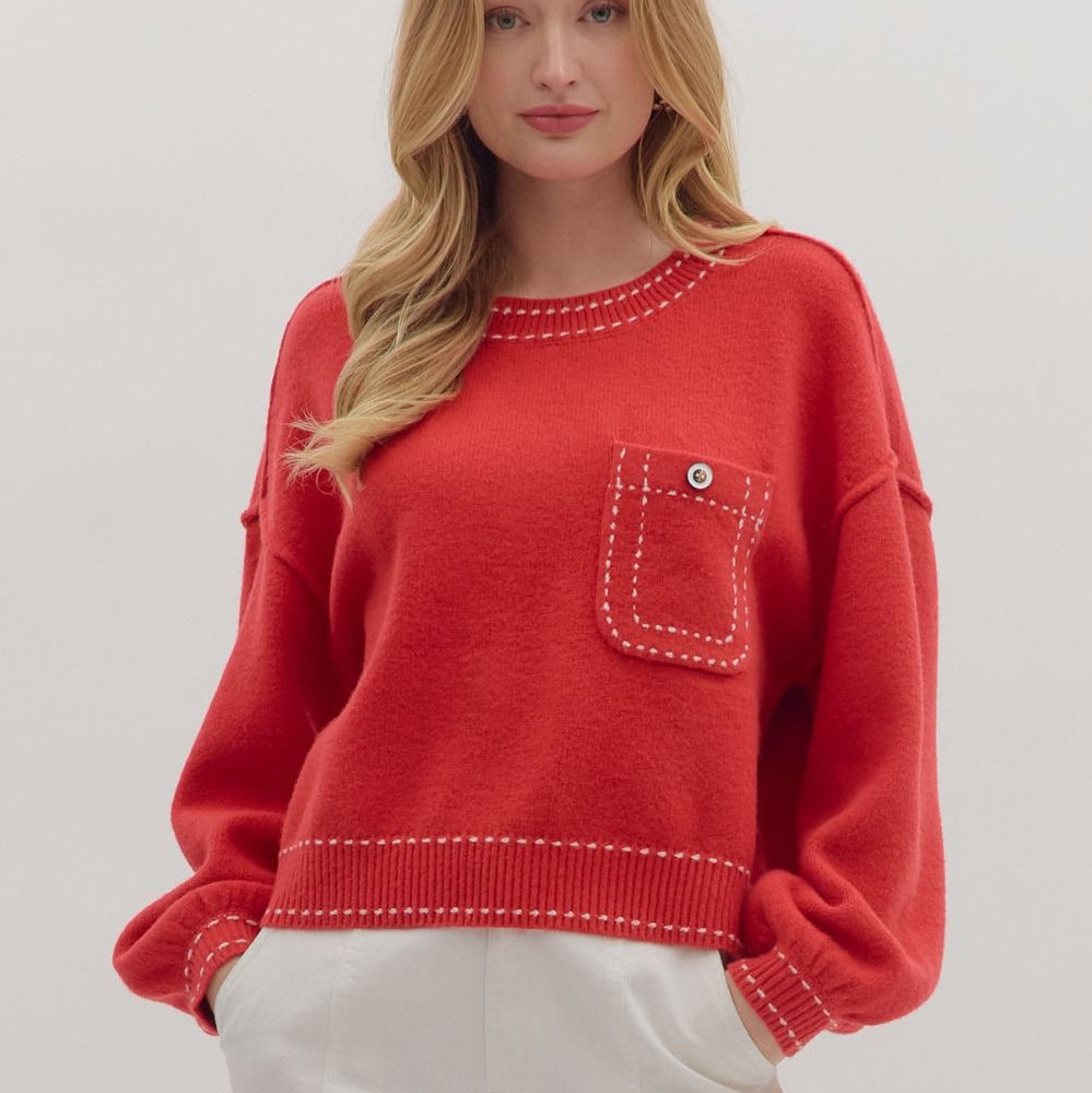 Stitch Accent Long Sleeve Sweater Red