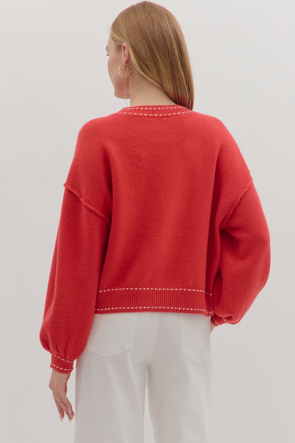 Stitch Accent Long Sleeve Sweater Red