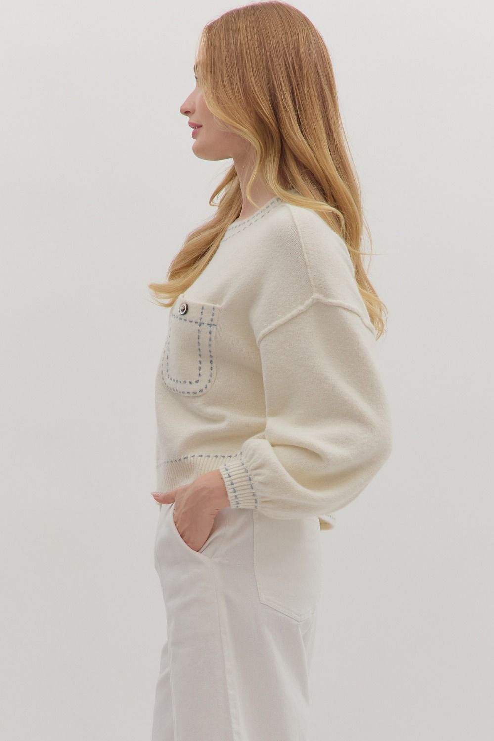 Stitch Accent Long Sleeve Sweater Cream