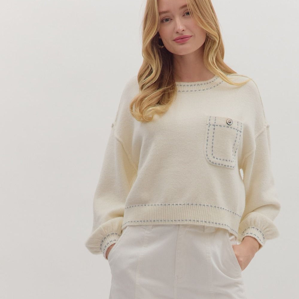 Stitch Accent Long Sleeve Sweater Cream
