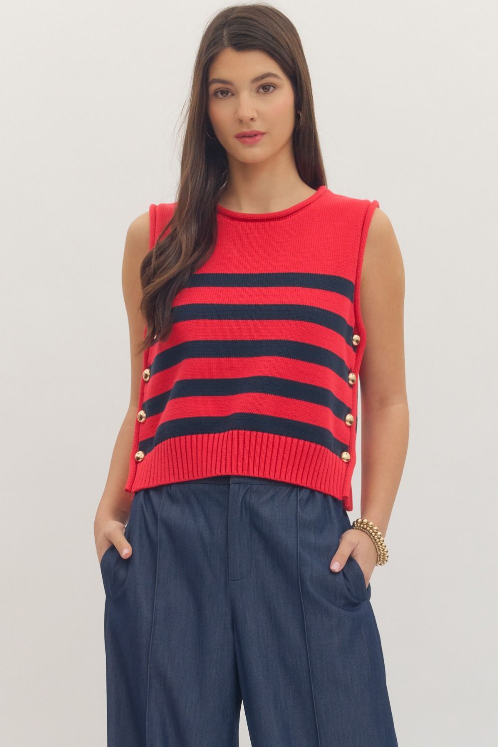 Striped Sleeveless Knit Top-Red