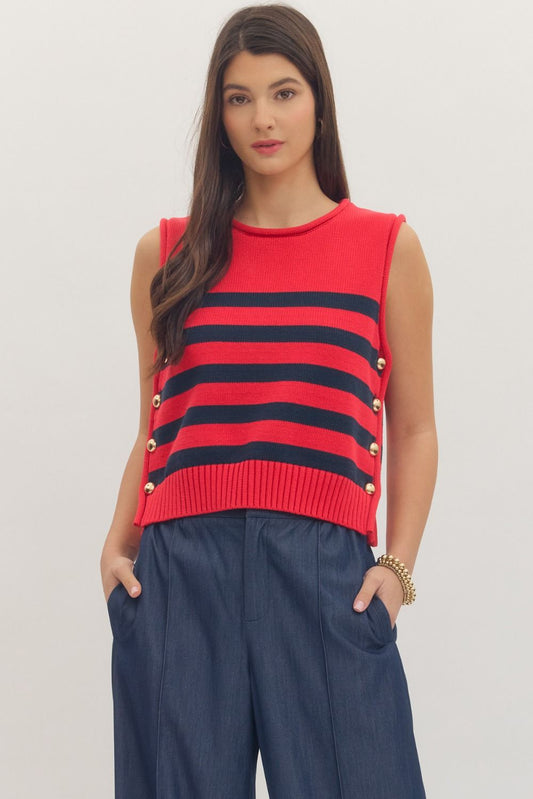 Striped Sleeveless Knit Top-Red