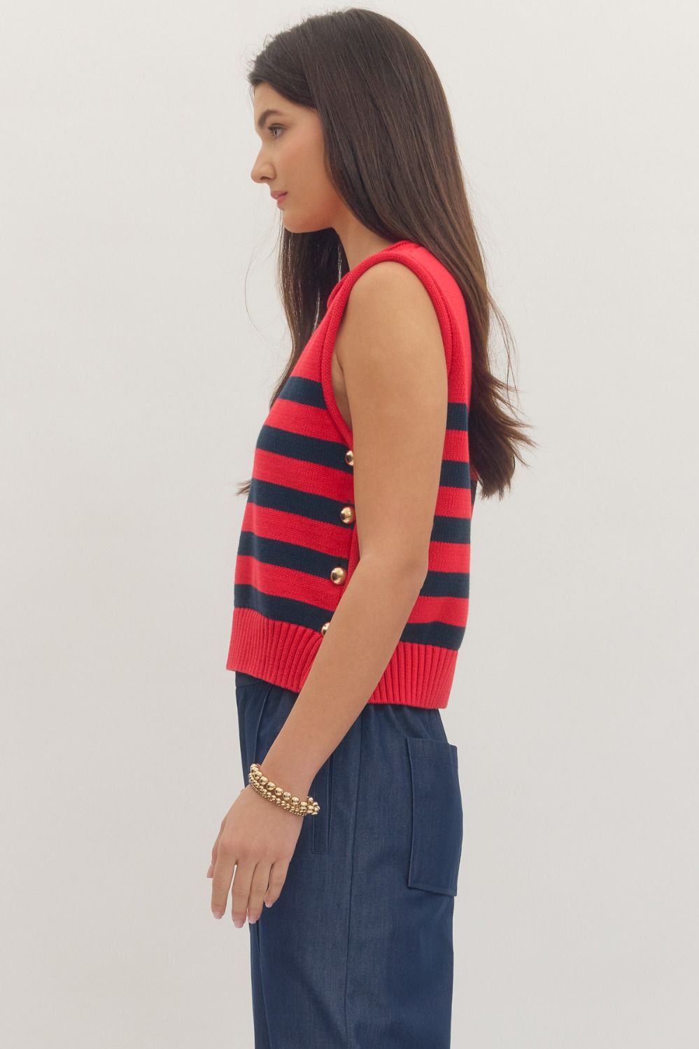 Striped Sleeveless Knit Top-Red