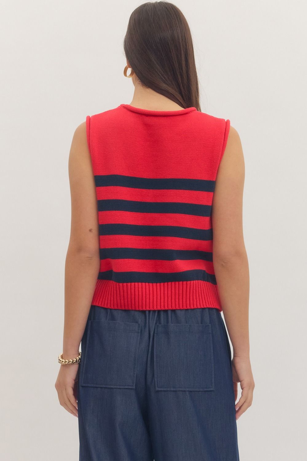 Striped Sleeveless Knit Top-Red